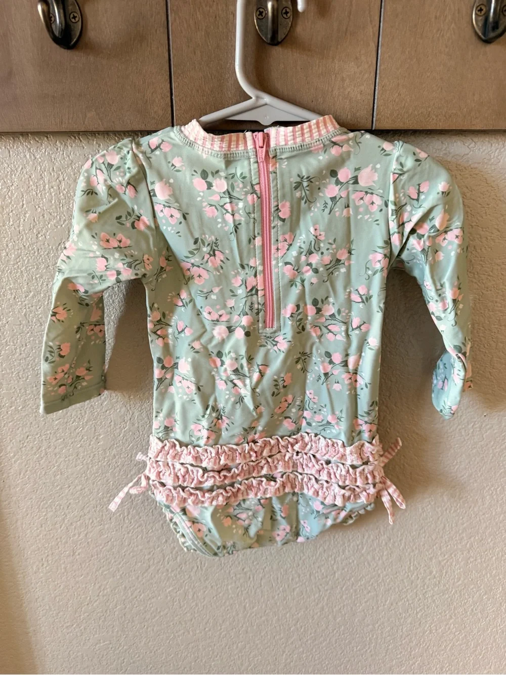 Ruffle Butts Mint Green and Pink Floral Long-Sleeve One-Piece